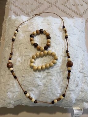 Handcrafted Brown and Cream Bead Necklace with Matching Bracelets